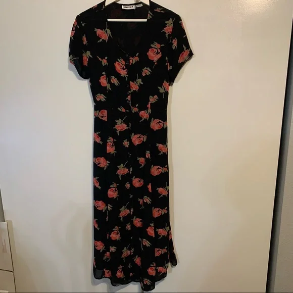 Indira L rayon midi dress ditzy floral flowers roses button front lined soft - Picture 14 of 14